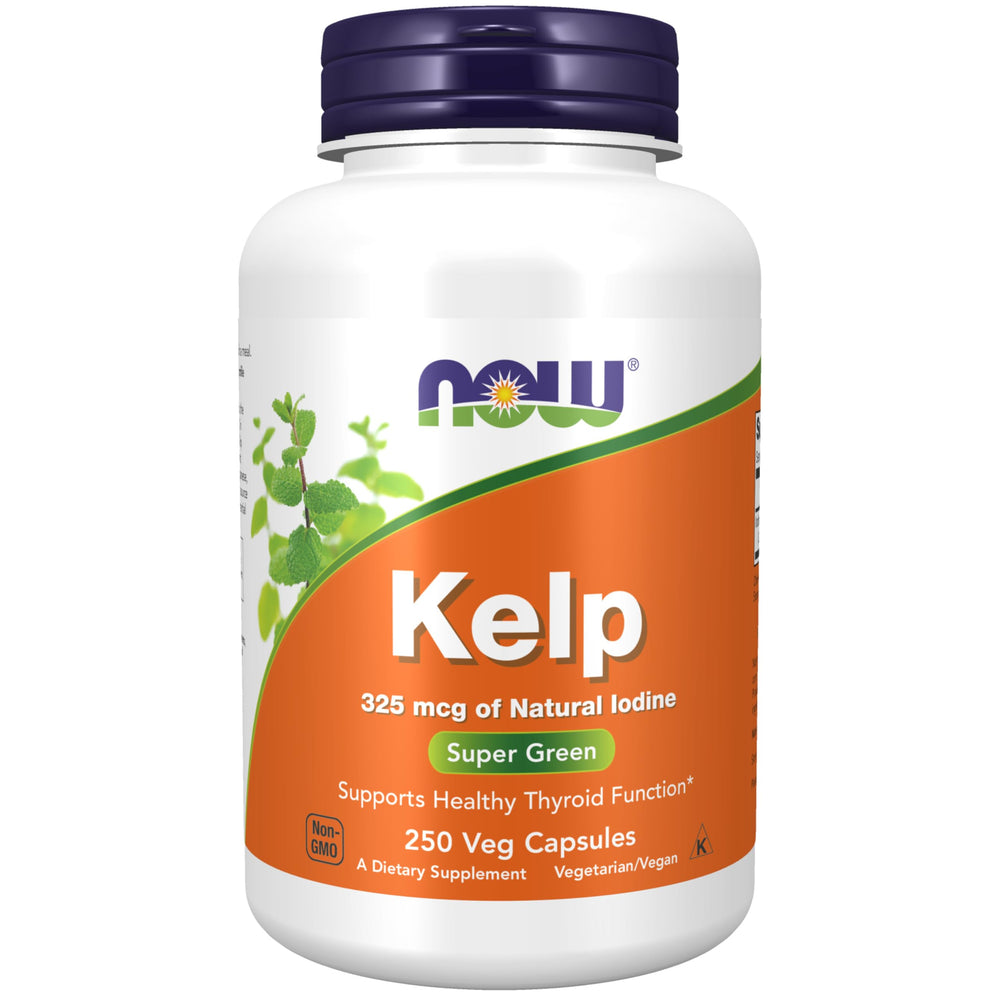 NOW Foods Kelp bottle front showing natural iodine support for thyroid health.