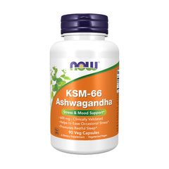 NOW Foods KSM-66 Ashwagandha bottle: full-spectrum extract for daily stress support.