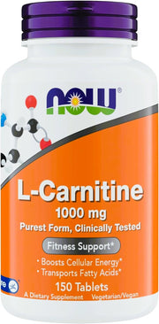 NOW Foods L-Carnitine 1000mg bottle close-up cap promotes daily energy support