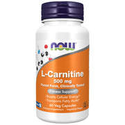 NOW Foods L-Carnitine 500 mg veggie capsules bottle for pure vegetarian energy support.
