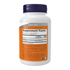 NOW Foods L-Citrulline 750 mg bottle back highlights vegan and non-GMO attributes.