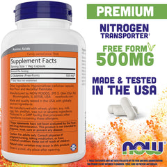 Close-up of NOW Foods L-Glutamine capsules highlighting free-form formula