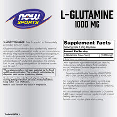 NOW Foods L-Glutamine label closeup showing product details and dosage clarity
