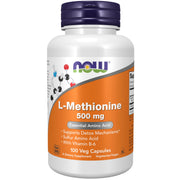 NOW Foods L-Methionine 500 mg bottle label view highlighting amino acid support.