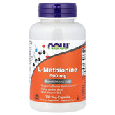 NOW Foods L-Methionine bottle front with capsules for daily amino acid support