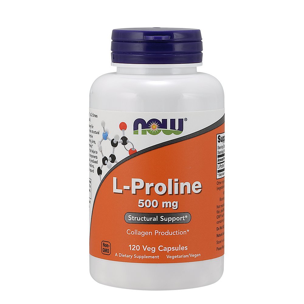 Now Foods L-Proline 500mg bottle supports connective tissue structure in daily wellness