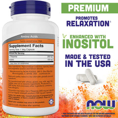 NOW Foods L-Theanine 200 mg capsules close-up for easy daily use.