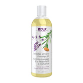NOW Foods Lavender Almond Massage Oil bottle highlights a soothing, vitamin-infused blend