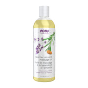NOW Foods Lavender Almond Massage Oil bottle highlights a soothing, vitamin-infused blend