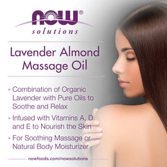 NOW Foods Lavender Almond Massage Oil ingredients closeup features natural oils and vitamins