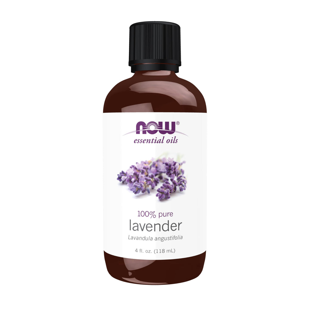 NOW Foods Lavender Oil bottle on display, highlighting a calming aromatherapy option.