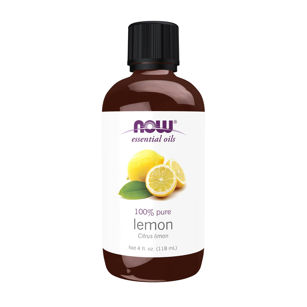 NOW Foods Lemon Oil bottle front view highlights pure, cold-pressed citrus aroma.