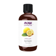 NOW Foods Lemon Oil bottle front view highlights pure, cold-pressed citrus aroma.
