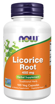 Now Foods Licorice Root 450 mg capsules on bottle label highlighting potency.