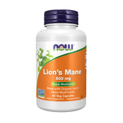 NOW Foods Lions Mane 500mg capsules shown in a natural wellness setting for daily use
