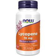 NOW Foods Lycopene 10 mg softgel bottle shows natural tomato extract for antioxidant support