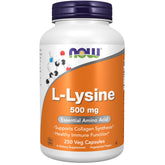 NOW Foods L-Lysine 500 mg bottle close-up, supports essential amino acid function