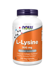 NOW Foods L-Lysine 500 mg bottle label showing pharmaceutical-grade supplement for protein support