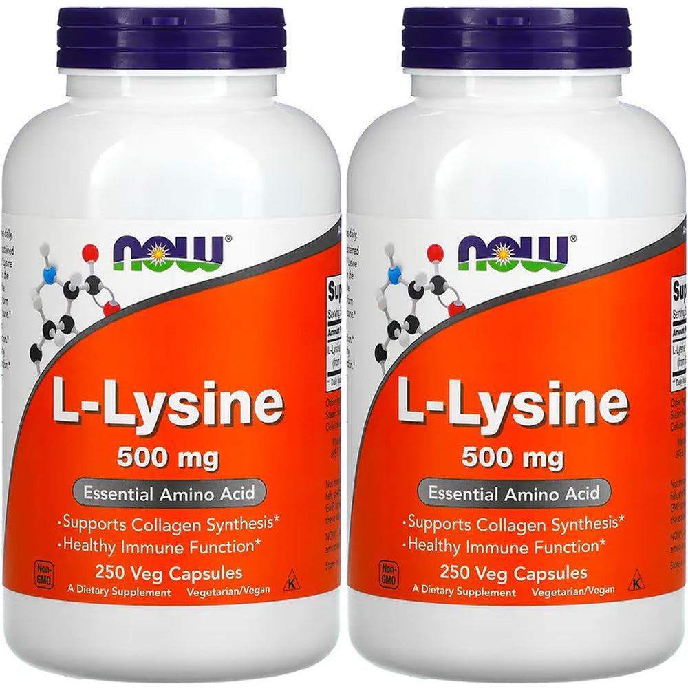 NOW Foods L-Lysine 500 mg bottle with capsules supports protein synthesis and connective tissue health.