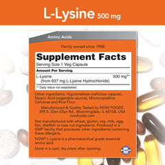 NOW Foods L-Lysine capsules in two-pack highlighting essential amino acid for daily protein intake