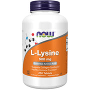NOW Foods L-Lysine 500 mg tablets bottle close-up highlighting collagen support.