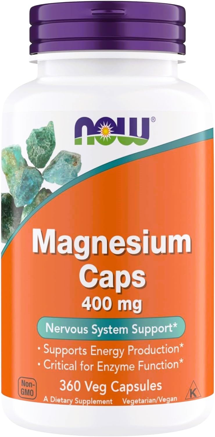 NOW Foods magnesium 400mg bottle front for daily mineral support.