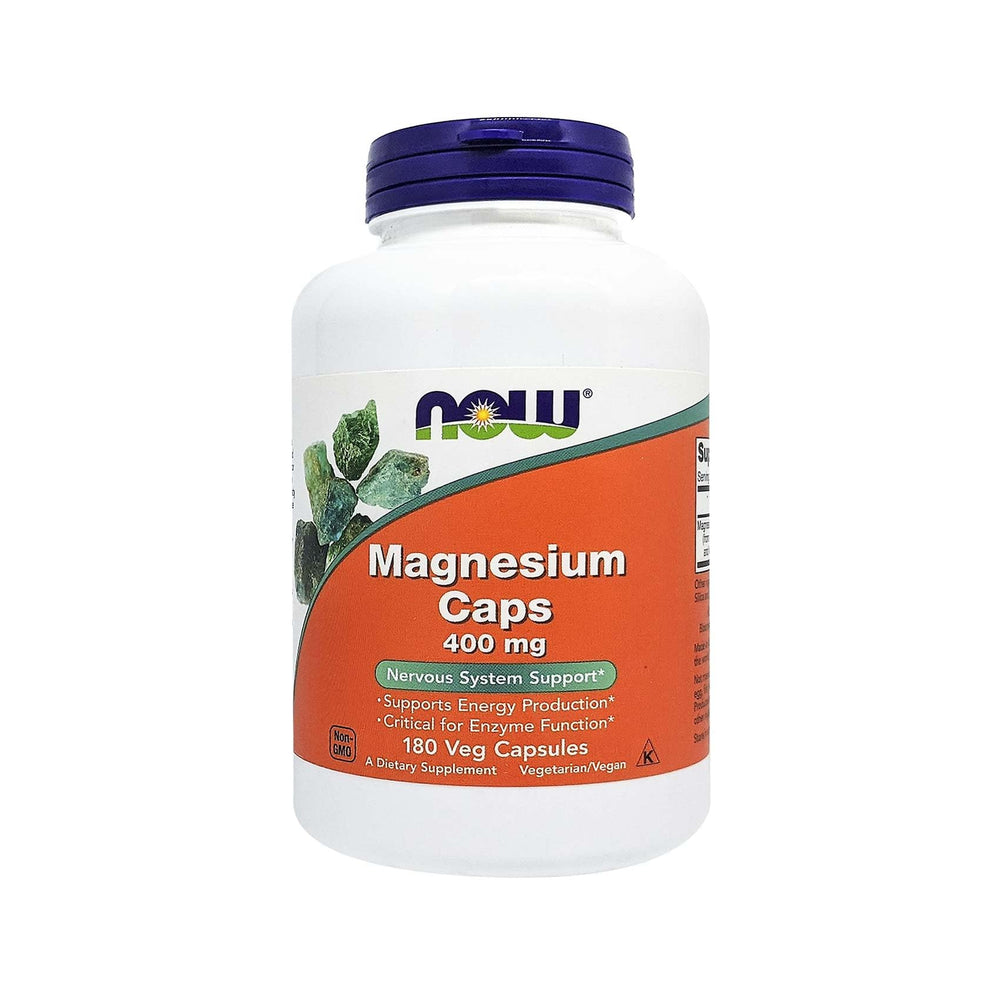 NOW Foods Magnesium 400mg bottle label shows product details and minerals for daily wellness.