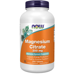 NOW Foods Magnesium Citrate 200 mg tablets on bottle, supports daily energy metabolism.