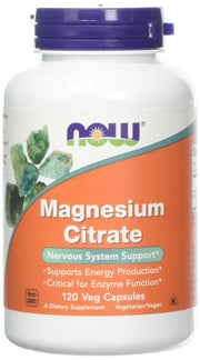 NOW Foods Magnesium Citrate caps 120 Vcaps bottle close-up for convenient daily use.