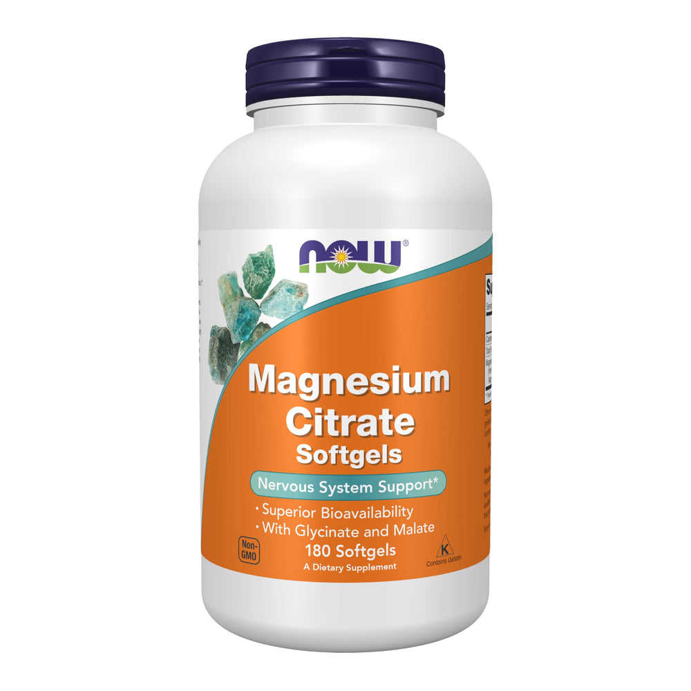 NOW Foods Magnesium Citrate Softgels in liquid base highlighting easy ingestion and bioavailability