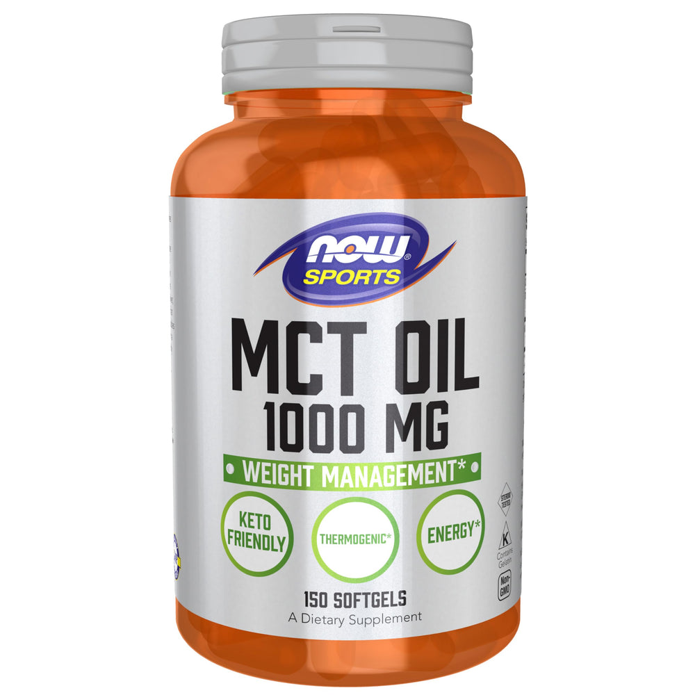 NOW Foods MCT Oil softgels front view for quick energy support.
