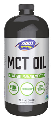 NOW Foods MCT oil bottle for quick-energy support in daily meals.