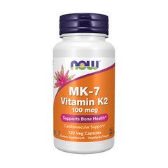 NOW Foods MK-7 100mcg bottle shown, supports calcium metabolism in blood vessels.