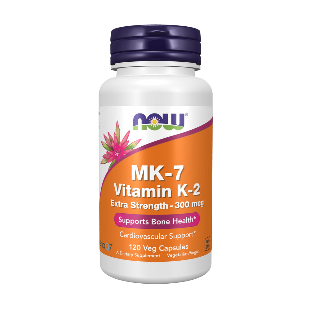 NOW Foods MK-7 bottle close-up highlighting label for bone and vascular support