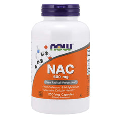 NOW Foods NAC 600mg label close-up showing selenium and molybdenum for enzymes