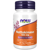 NOW Foods nattokinase capsules on bottle label with 2,000 FU activity for circulatory support.
