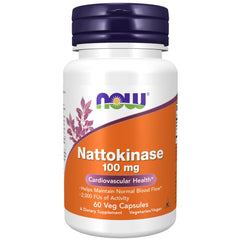 NOW Foods nattokinase capsules on bottle label with 2,000 FU activity for circulatory support.