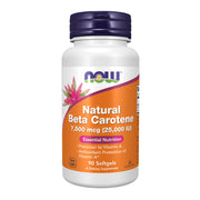 NOW Foods beta carotene softgel bottle highlighting 25,000 IU for antioxidant support