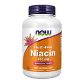 NOW Foods Niacin 250 mg bottle front with flush-free, slow-release formula for daily use