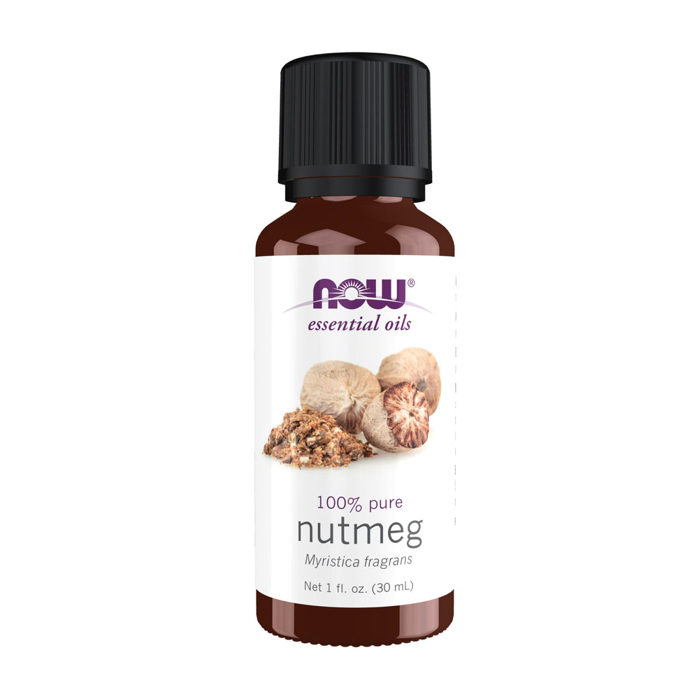 NOW Foods Nutmeg Oil bottle in diffuser setup for energizing aroma.