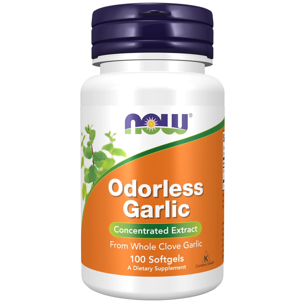 NOW Foods Odorless Garlic softgels bottle, convenient odor-free daily support.