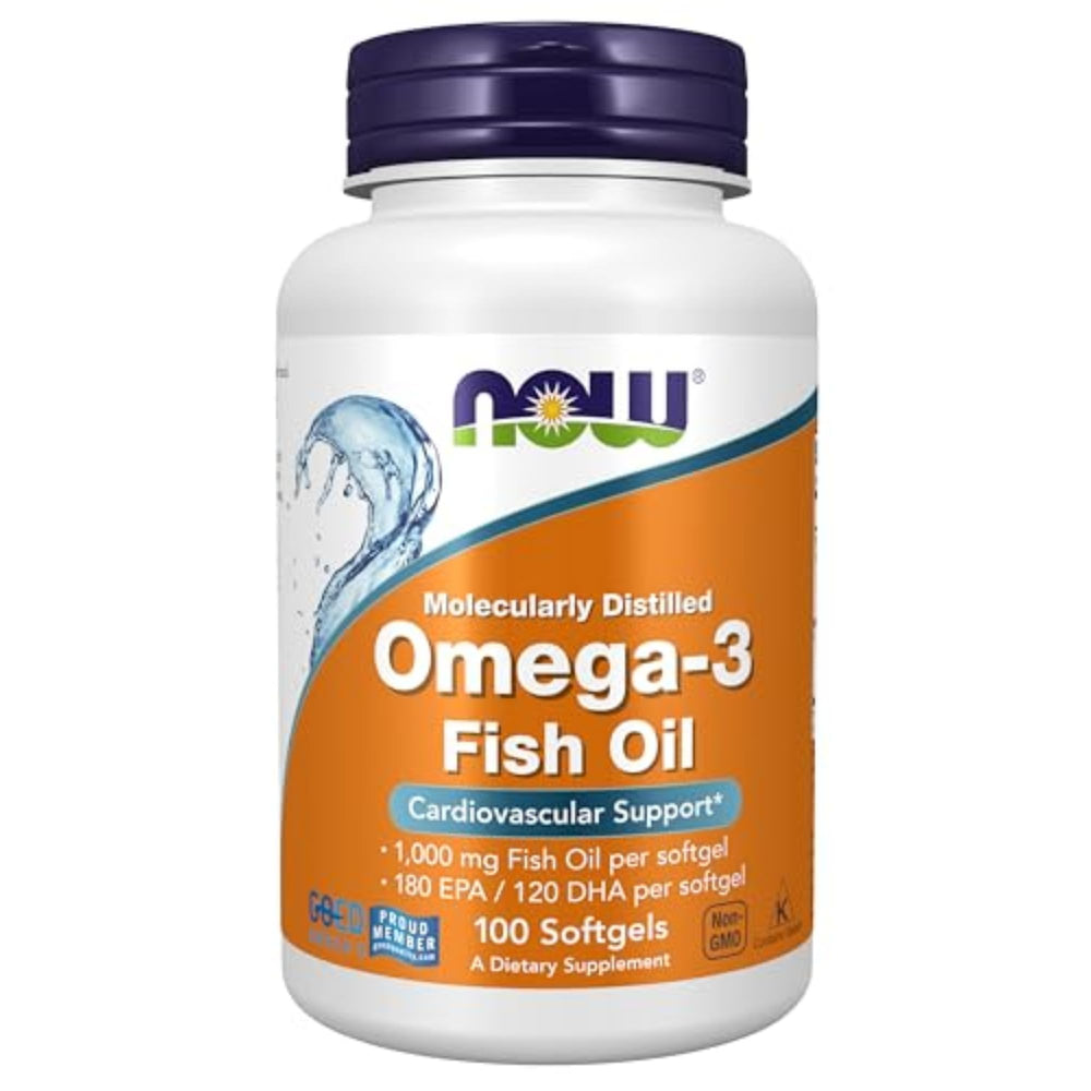 NOW Foods Omega-3 bottle front showing high-potency EPA/DHA for daily heart support.