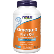NOW Foods Omega-3 front bottle with enteric-coated softgels for easier digestion