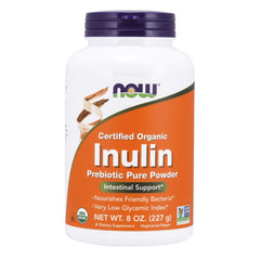 NOW Foods Organic Inulin Powder bottle shows pure prebiotic fiber for daily use