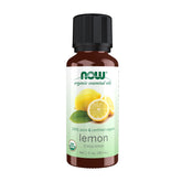 NOW Foods Organic Lemon Oil bottle ready for aromatherapy and cleaning tasks.