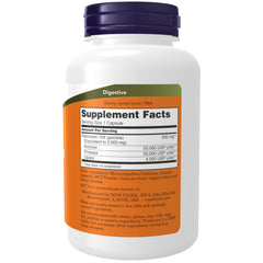 NOW Foods Pancreatin 2000 capsules close-up highlights protease, amylase, and lipase enzymes.