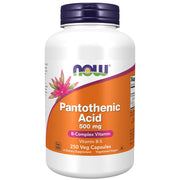NOW Foods Pantothenic Acid 500 mg bottle with clear capsules, supporting energy metabolism and daily balance.