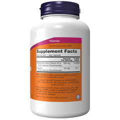 NOW Foods Pantothenic Acid capsules closeup, highlighting CoA-related energy processes.
