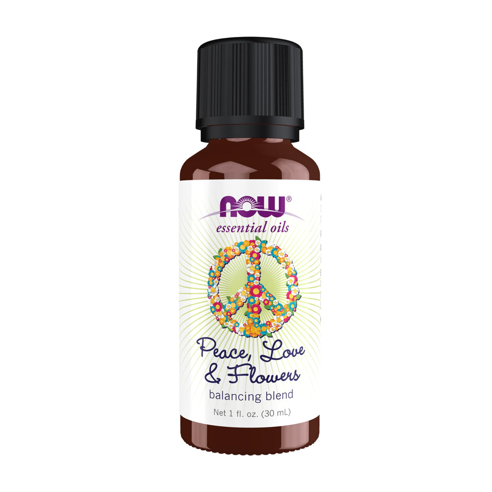 NOW Foods Peace Love and Flowers bottle closeup for calming aromatherapy