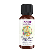 NOW Foods Peace Love and Flowers bottle closeup for calming aromatherapy